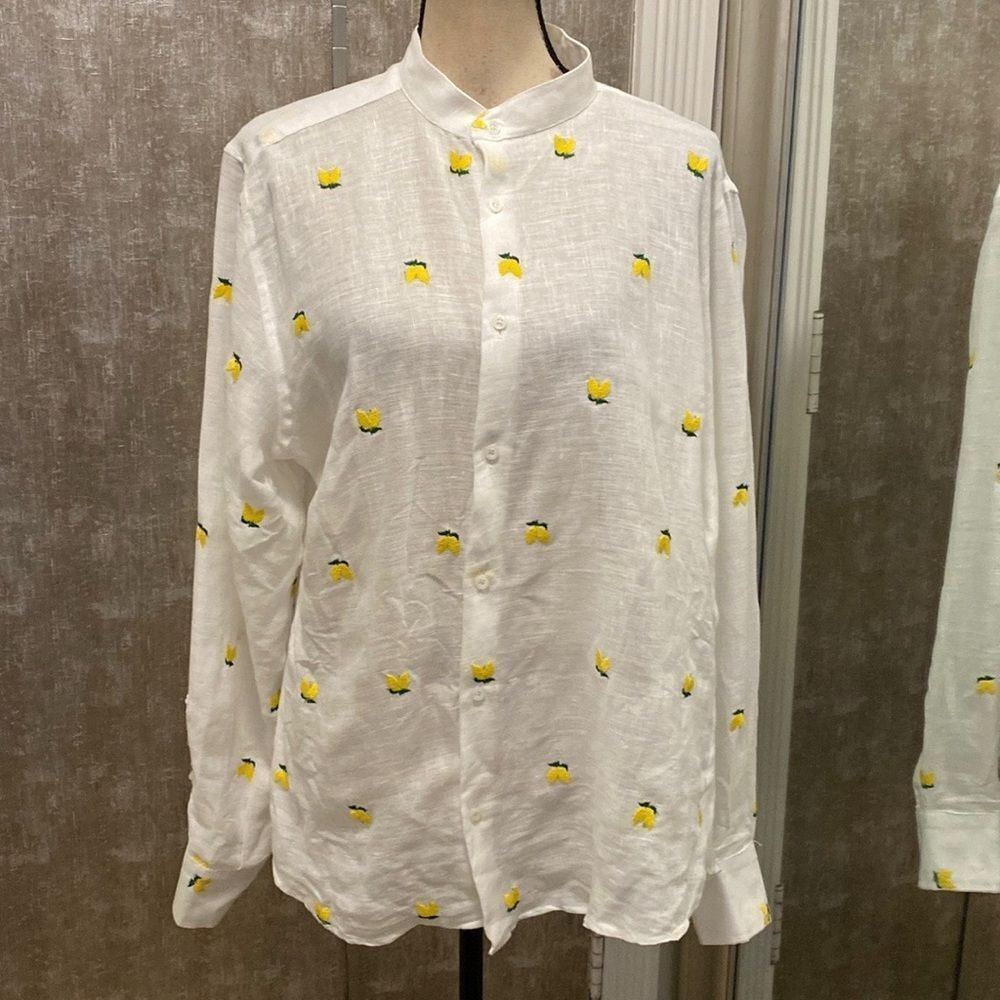 White Button-Up Shirt with Yellow Embroidered Motif